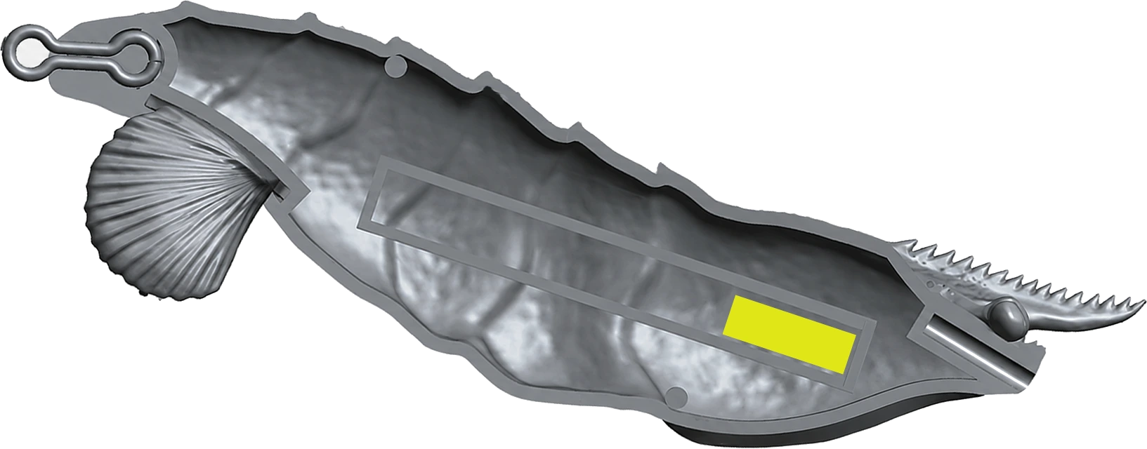 Cutaway render of the TAFROS jig with the internal weight resting in its channel
