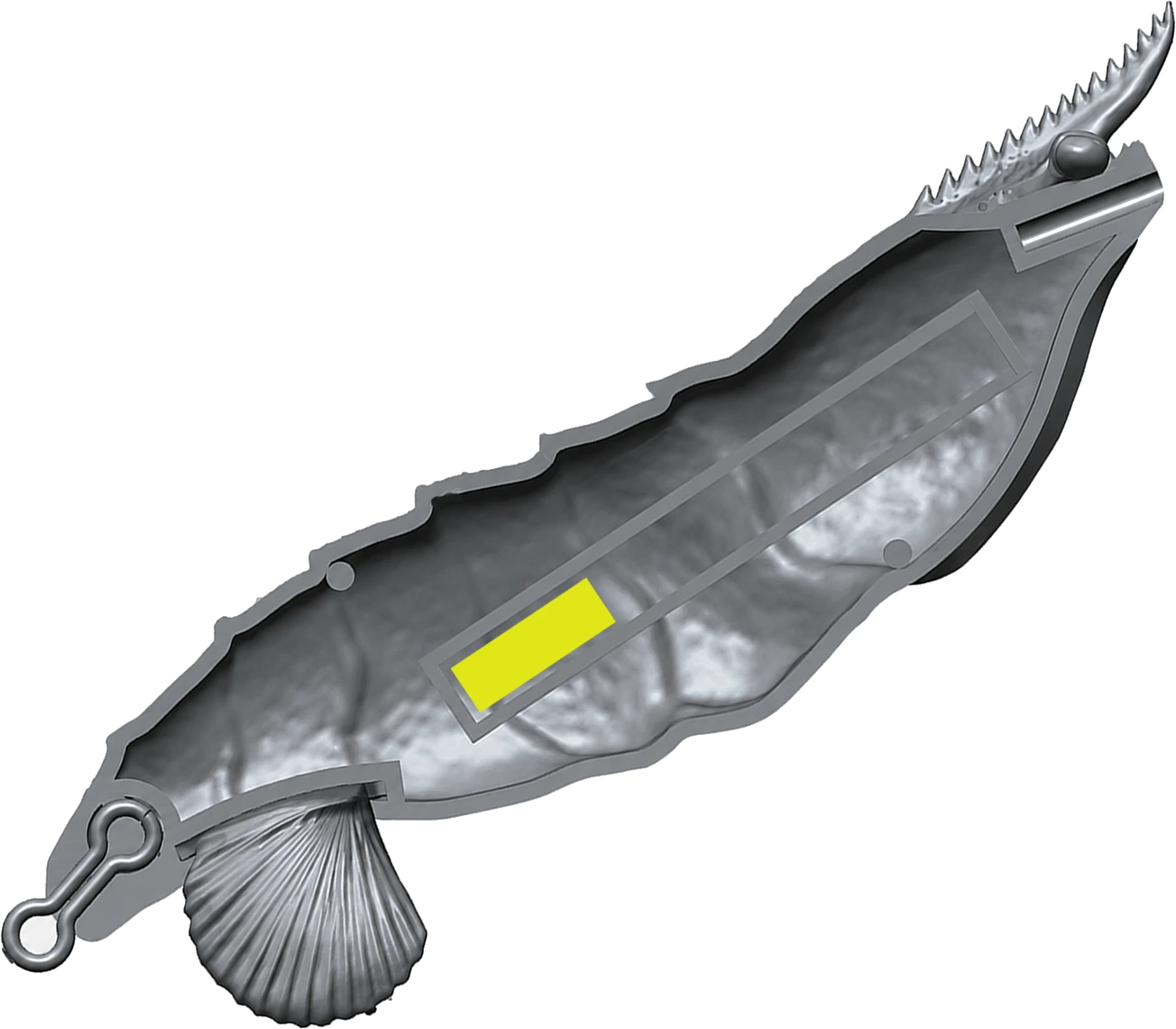 Cutaway render of the TAFROS jig angled nose down with the internal weight repositioned